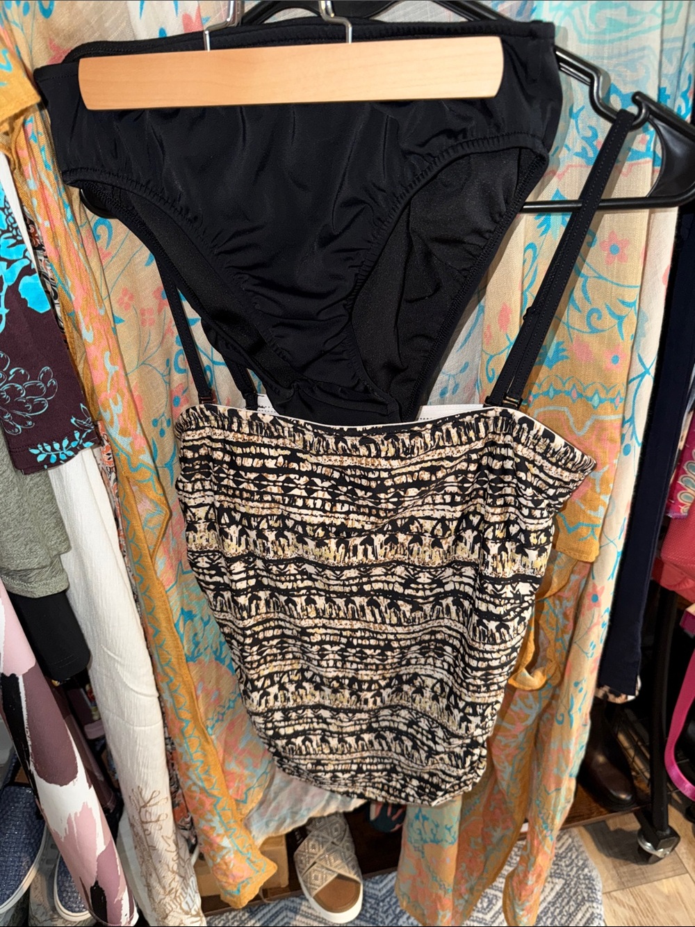 Black Bikini Bottom with Patterned Tankini Swim Top